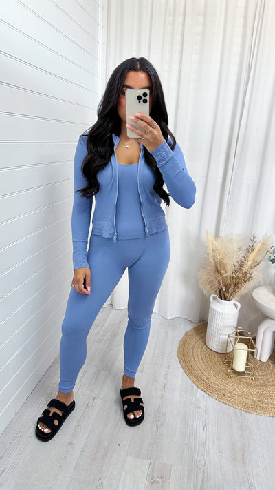 3 Piece Jacket, Crop Top and Leggings Active Set - POWDER BLUE