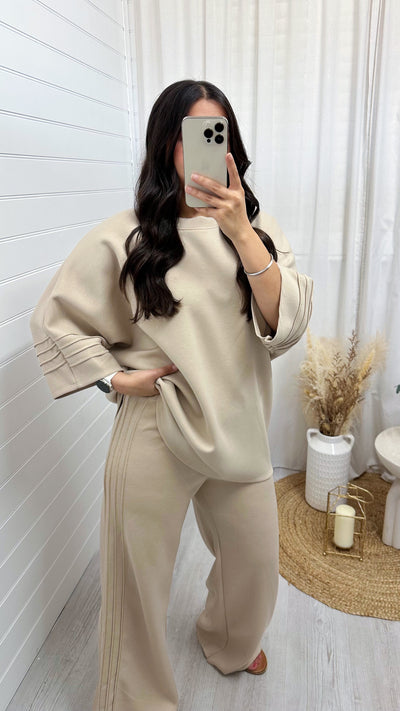Gold Stripe Oversized Top and Wide Leg Trousers Co-Ord - BEIGE