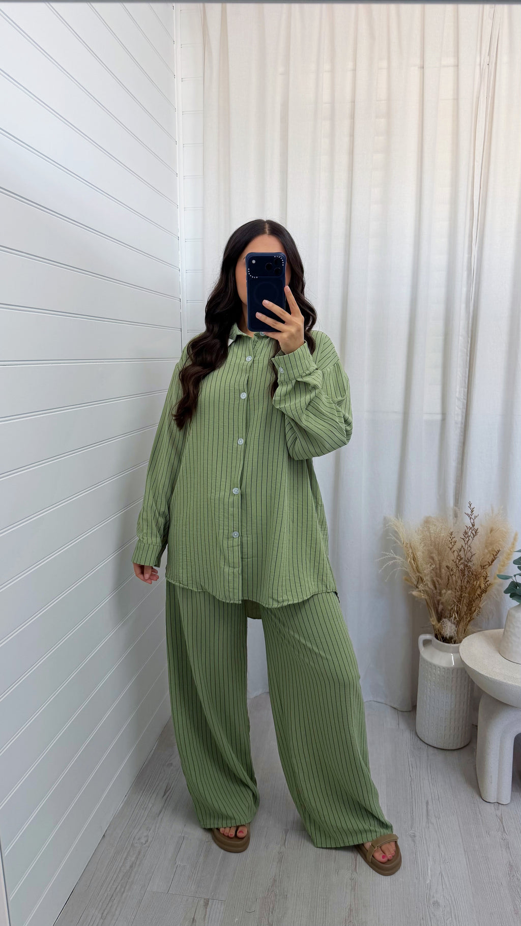 Oversized Pinstripe Shirt and Trousers Co-Ord - SAGE