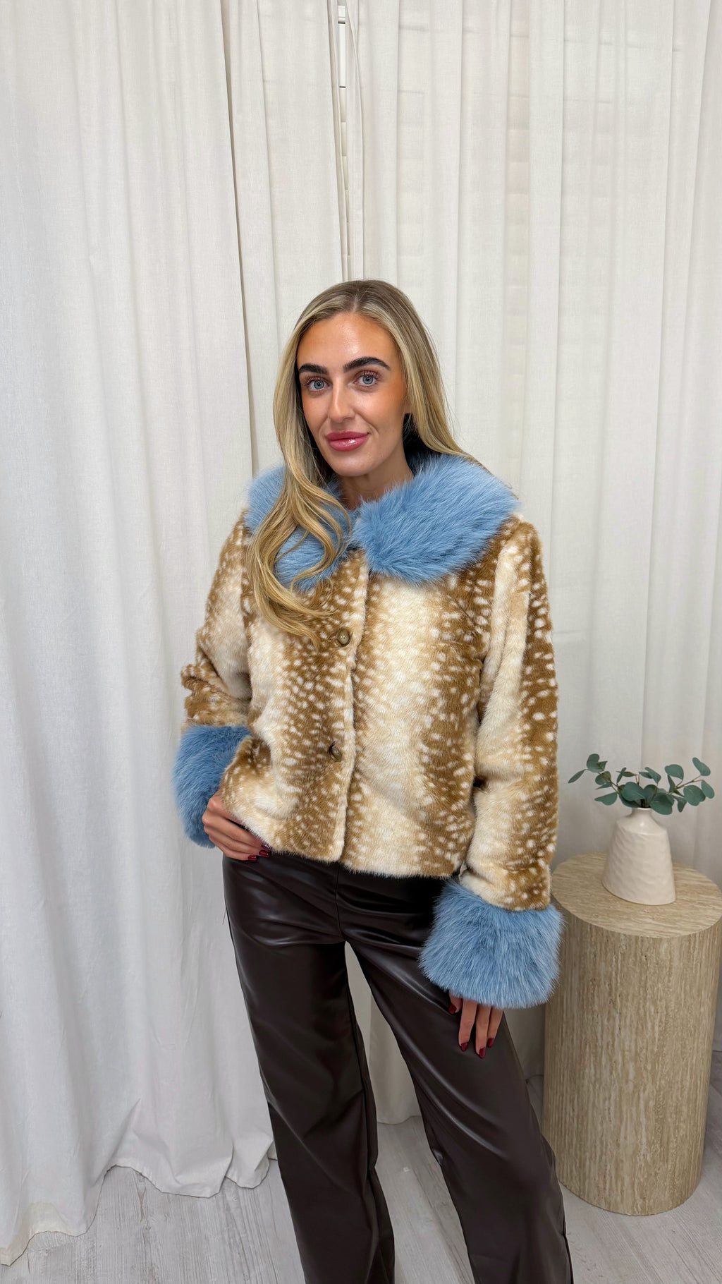 Fluffy Cuffed Faux Fur Deer Jacket - BABY BLUE