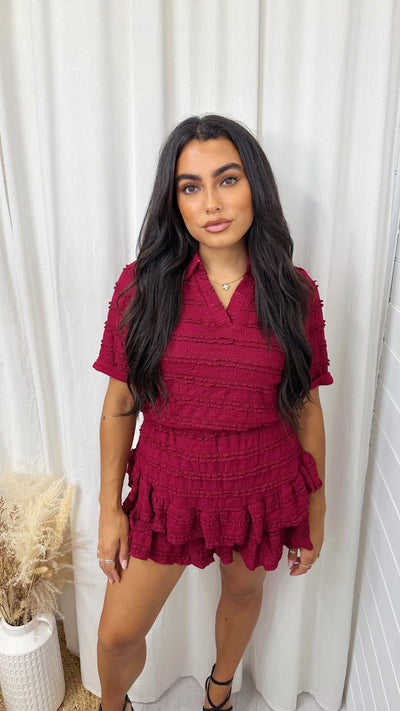 Frill Layered V Neck Top and Skort Co-Ord - WINE