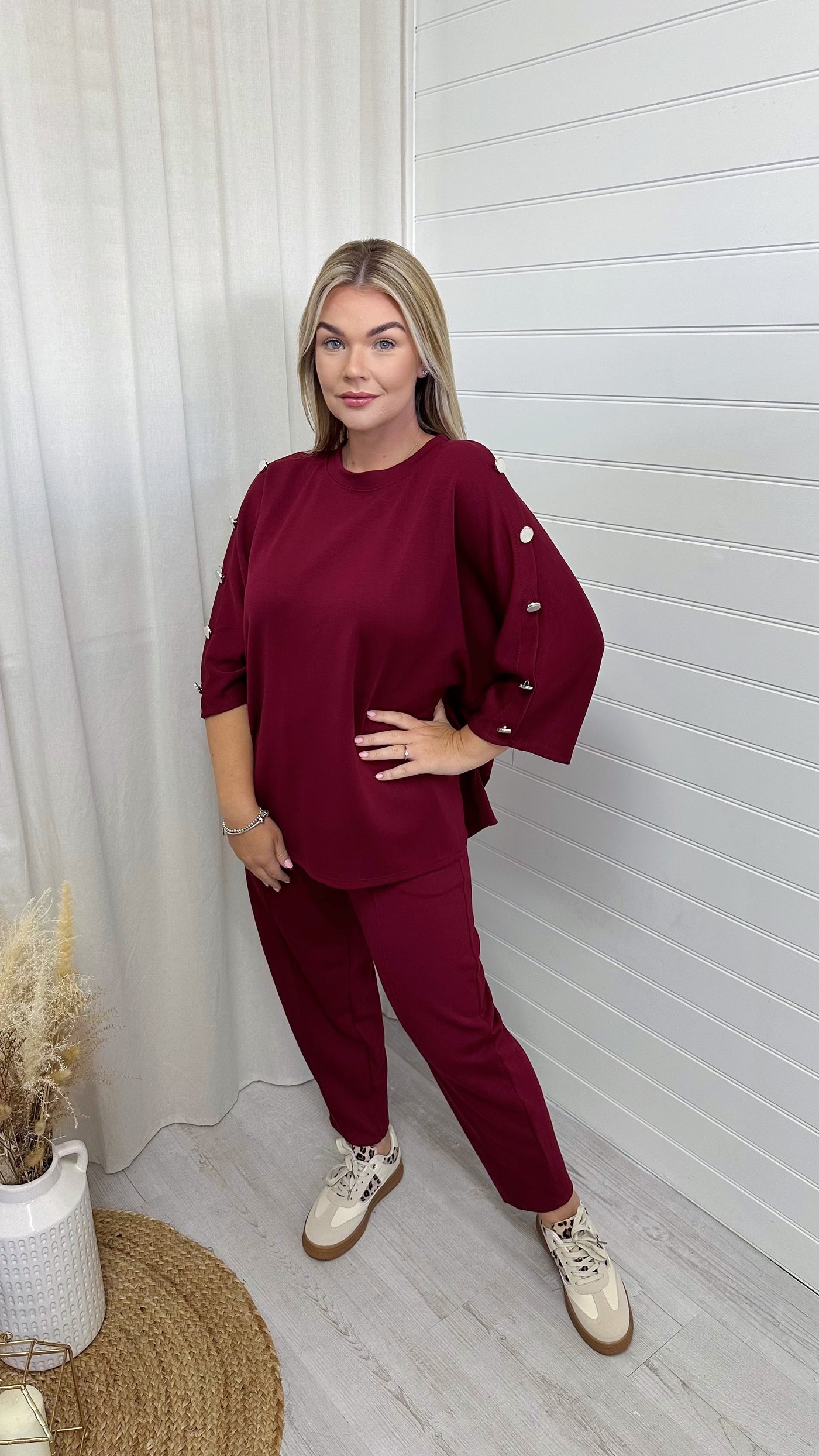 Button Shoulder Top and Barrel Fit Joggers Co-Ord - WINE