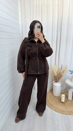 Bow Shoulder Cinched Jacket and Straight Leg Joggers Tracksuit - BROWN