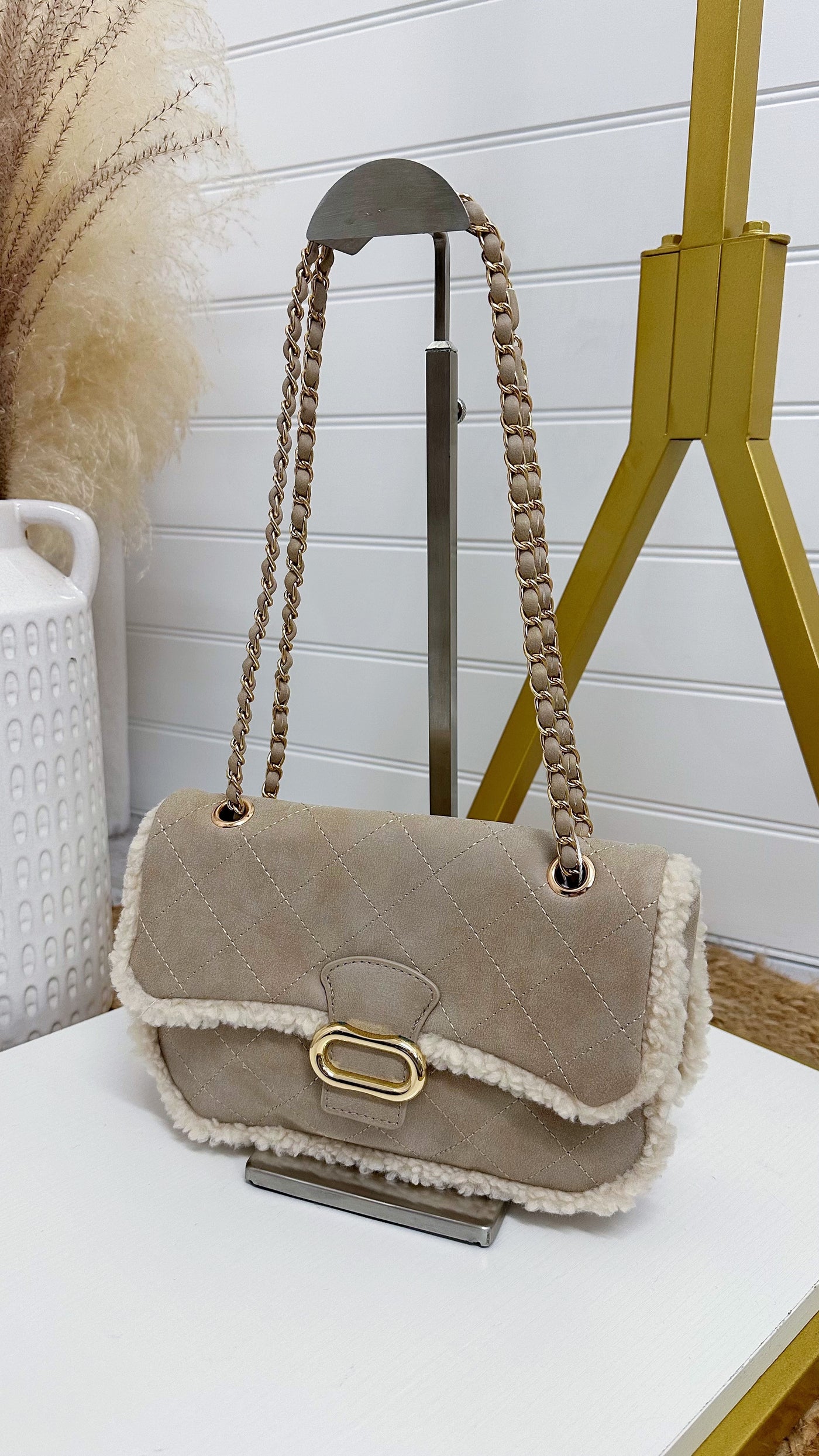 Teddy Fur Trim Cross Body Bag - BEIGE