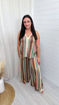 A-Line Zig Zag Vest Top and Slit Wide Leg Trousers Co-Ord - KHAKI/BEIGE
