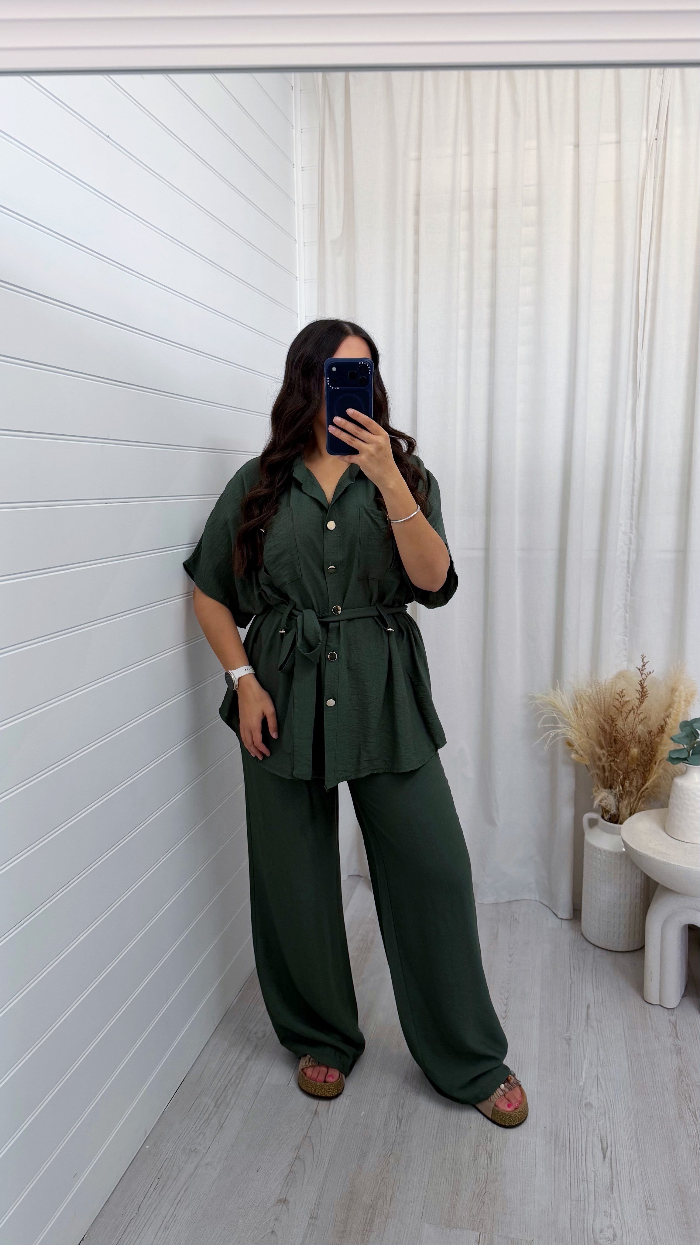 Gold Button Belted Shirt and Trousers Co-Ord - KHAKI