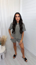 Stripey Knit T-Shirt and Shorts Co-Ord - BLACK