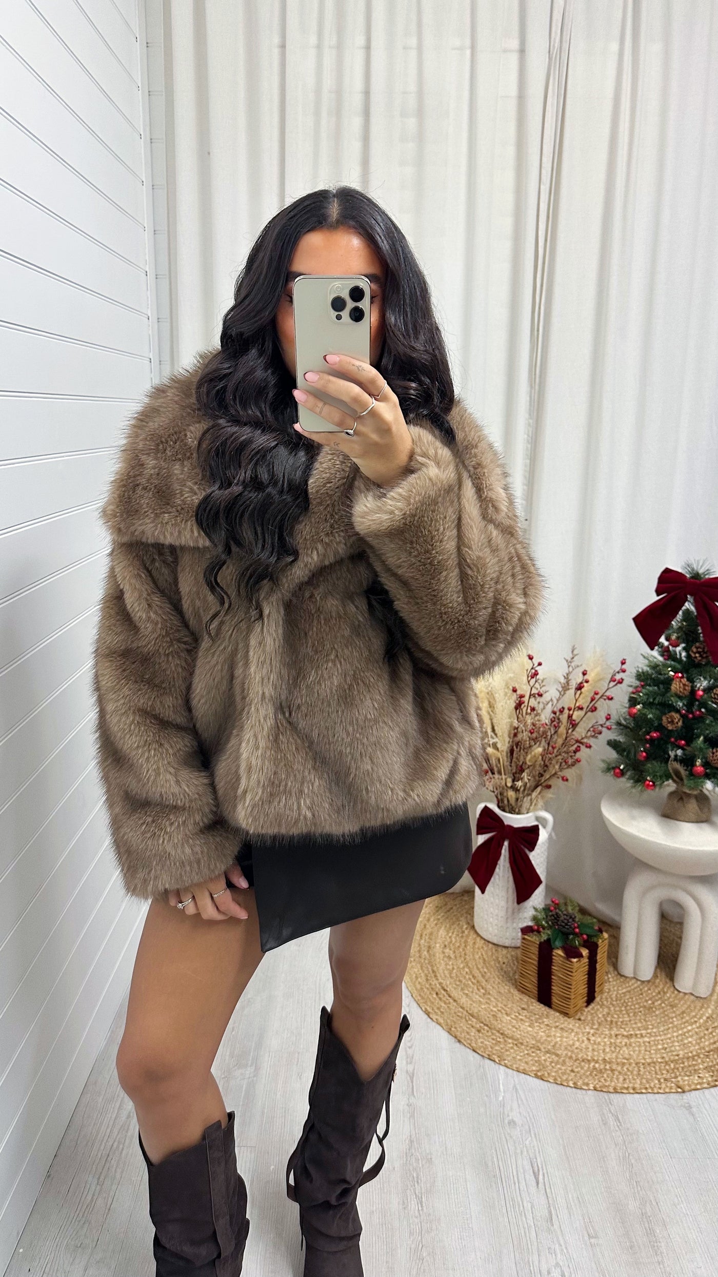 Oversized Lapel Faux Fur Coat - CARAMEL