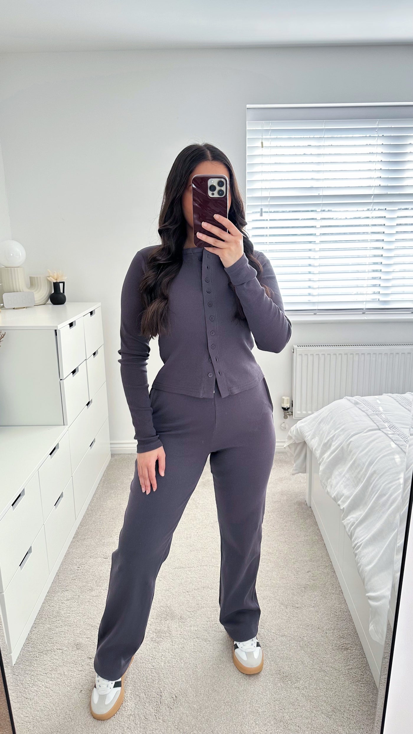Ribbed Cardigan and Straight Leg Trousers Co-Ord - SLATE GREY