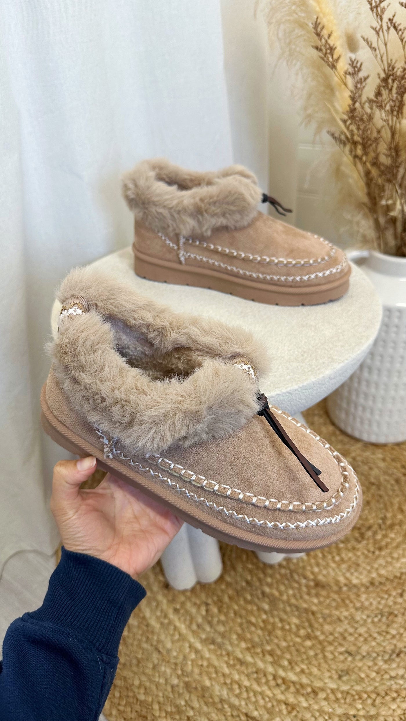 Embroidered Faux Fur Boots - BEIGE