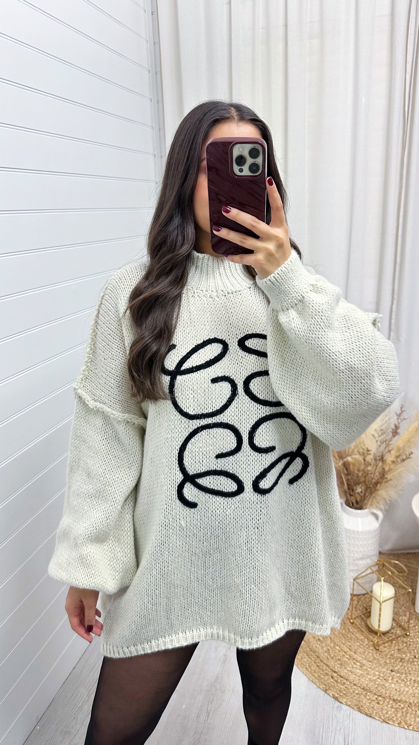 Swirl Embroidered Oversized Jumper - BEIGE