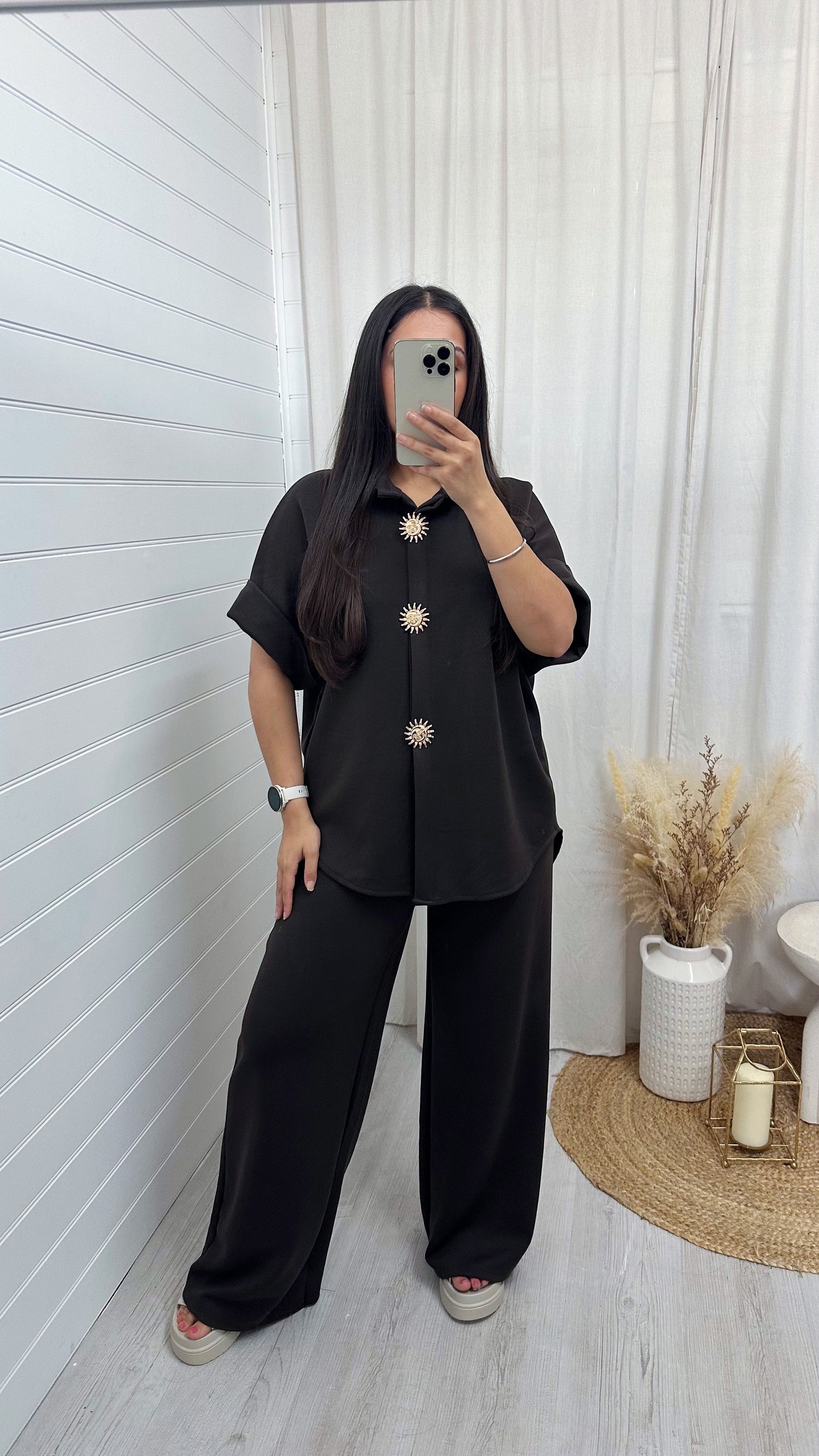 Celestial Gold Button Shirt and Straight Leg Trousers Co-Ord - BROWN