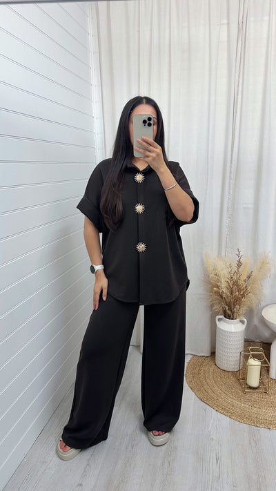 Celestial Gold Button Shirt and Straight Leg Trousers Co-Ord - BROWN
