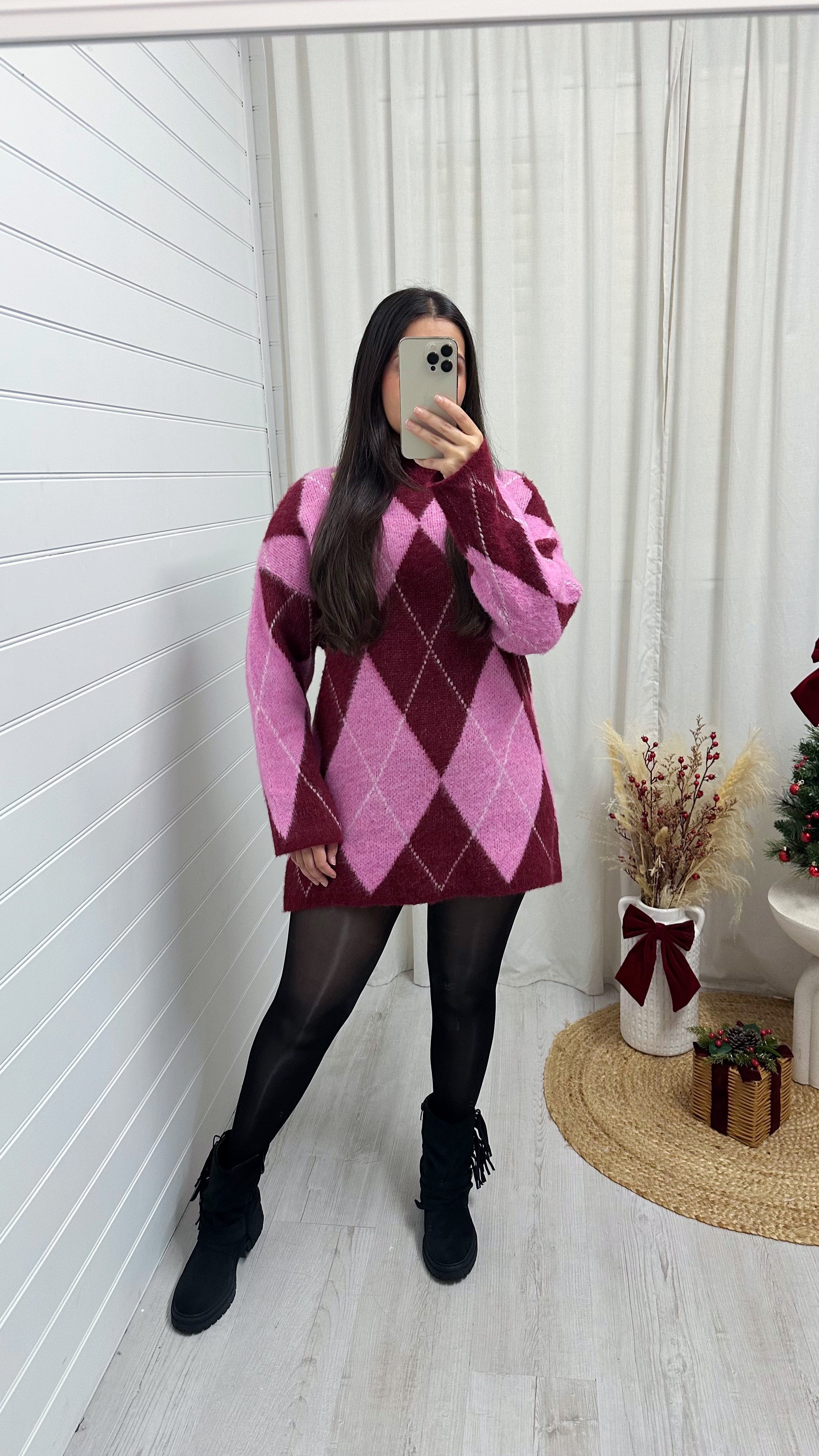 Argyle Woollen Jumper Dress - PINK/BURGUNDY