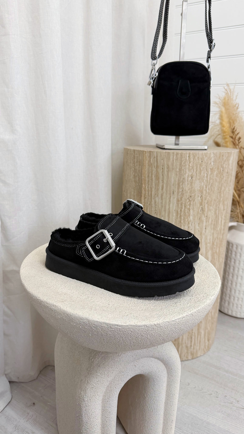 Buckle Strap Faux Fur Loafers - BLACK