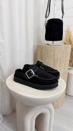 Buckle Strap Faux Fur Loafers - BLACK