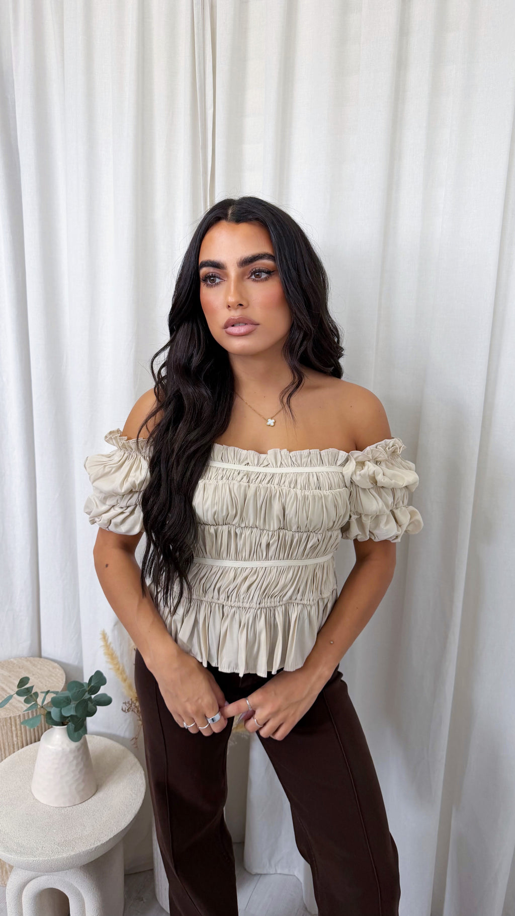Shirred Bardot Crop Top - BEIGE