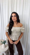 Shirred Bardot Crop Top - BEIGE