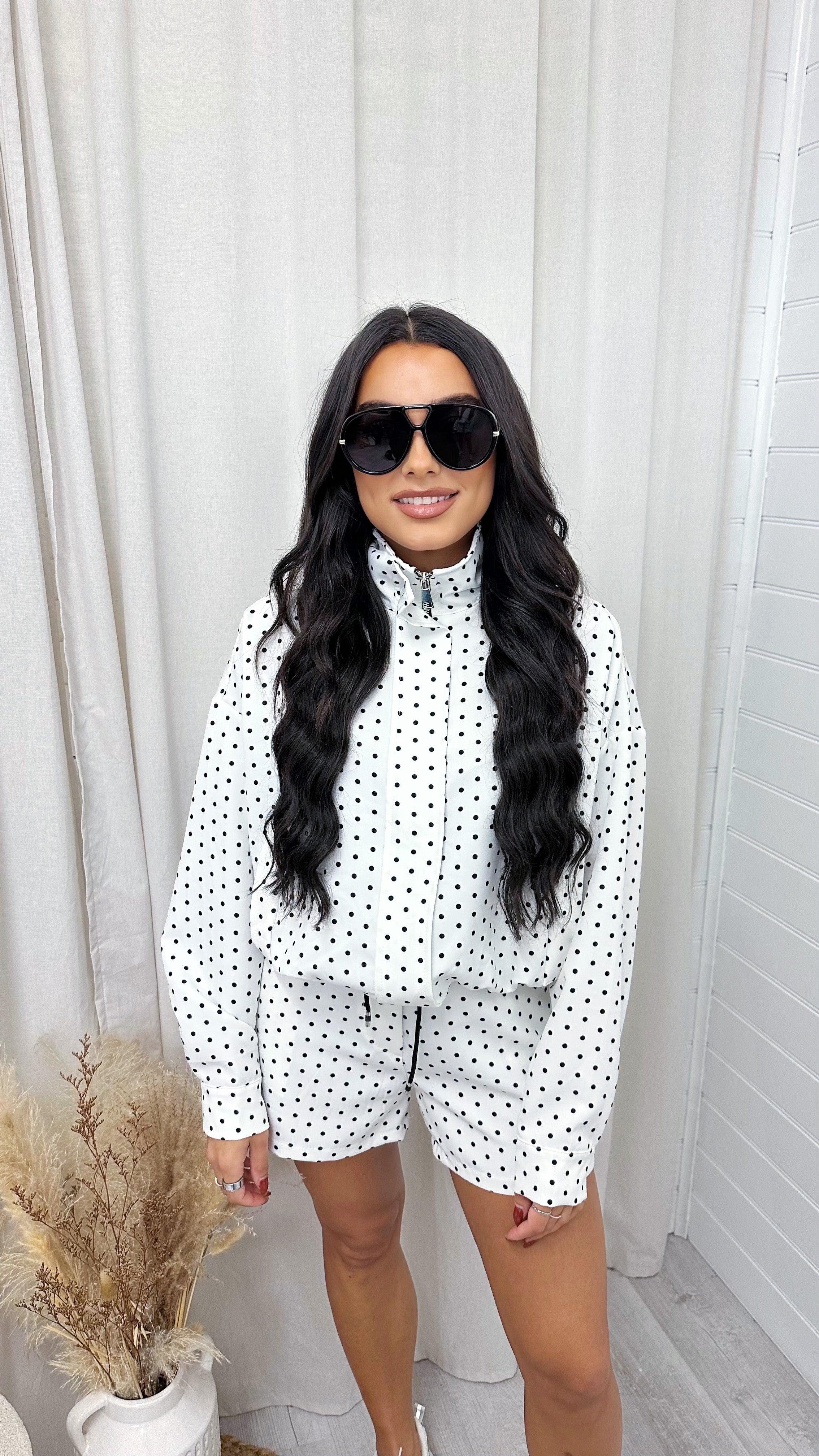 Polka Dot Bomber Jacket and Shorts Co-Ord - WHITE