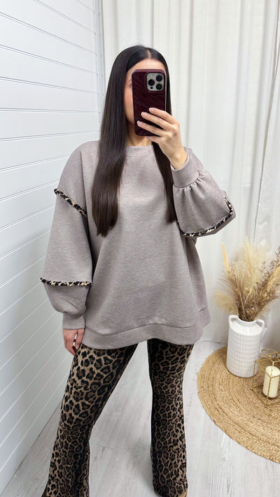 Leopard Trim Balloon Sleeve Sweatshirt - MOCHA MARL