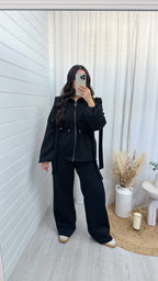 Bow Shoulder Cinched Jacket and Straight Leg Joggers Tracksuit - BLACK