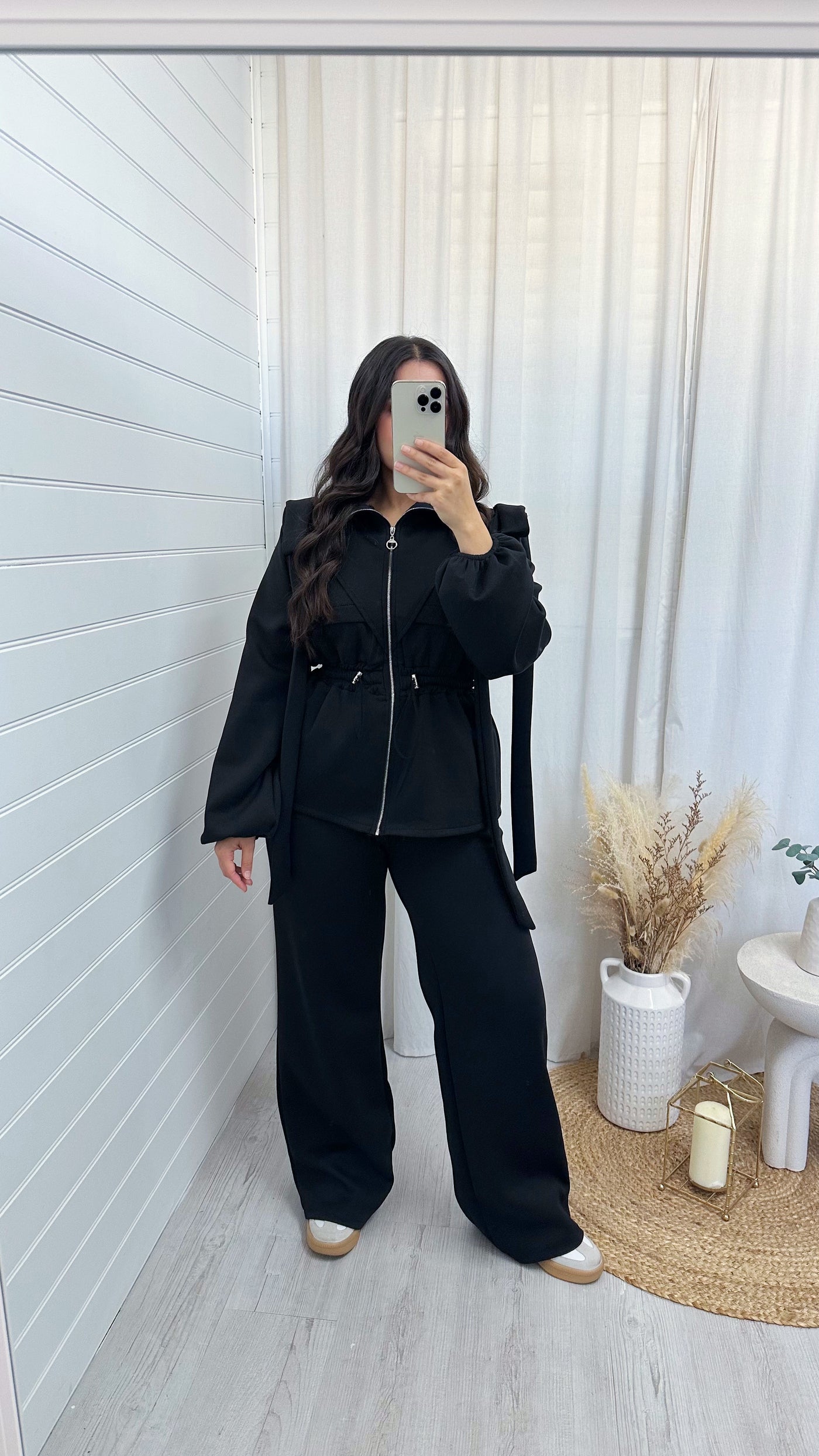 Bow Shoulder Cinched Jacket and Straight Leg Joggers Tracksuit - BLACK