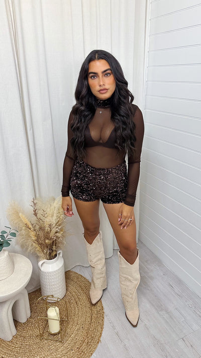 3 Piece Sequin Mesh Bodysuit, Bralette and Shorts Co-Ord - BROWN