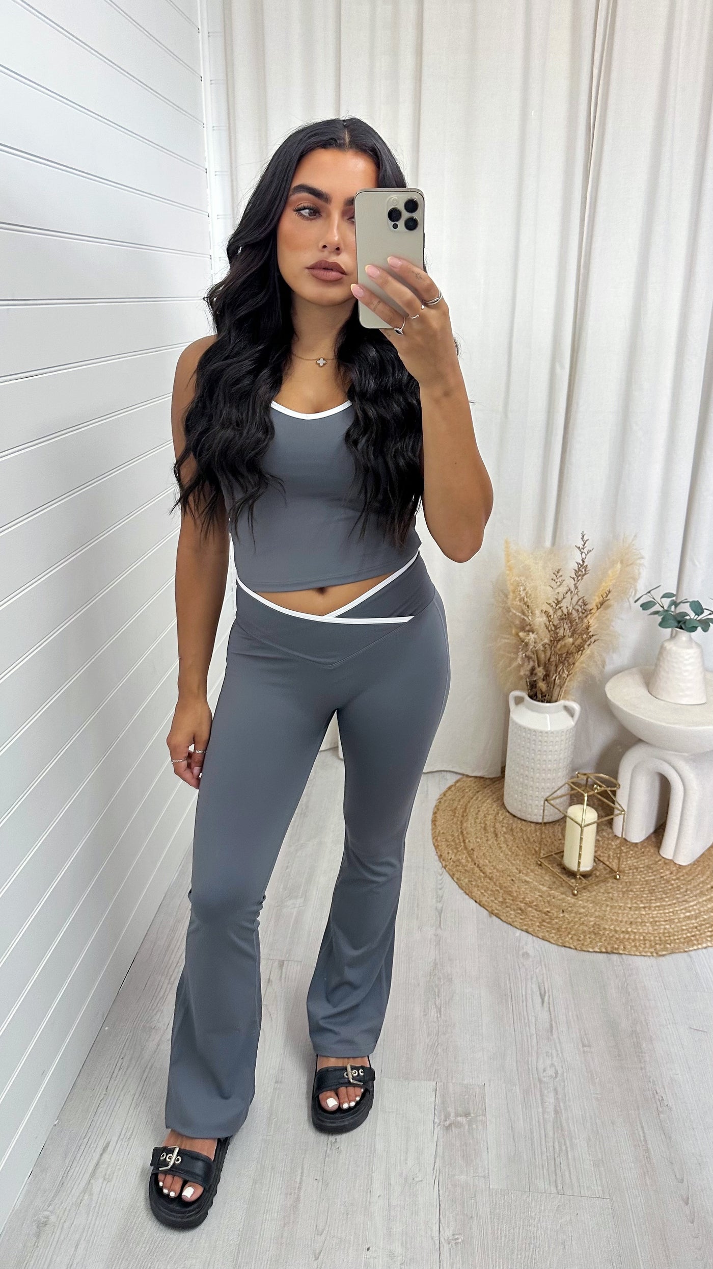 Wrap Over Flares and Padded Tank Top Co-Ord - DARK GREY