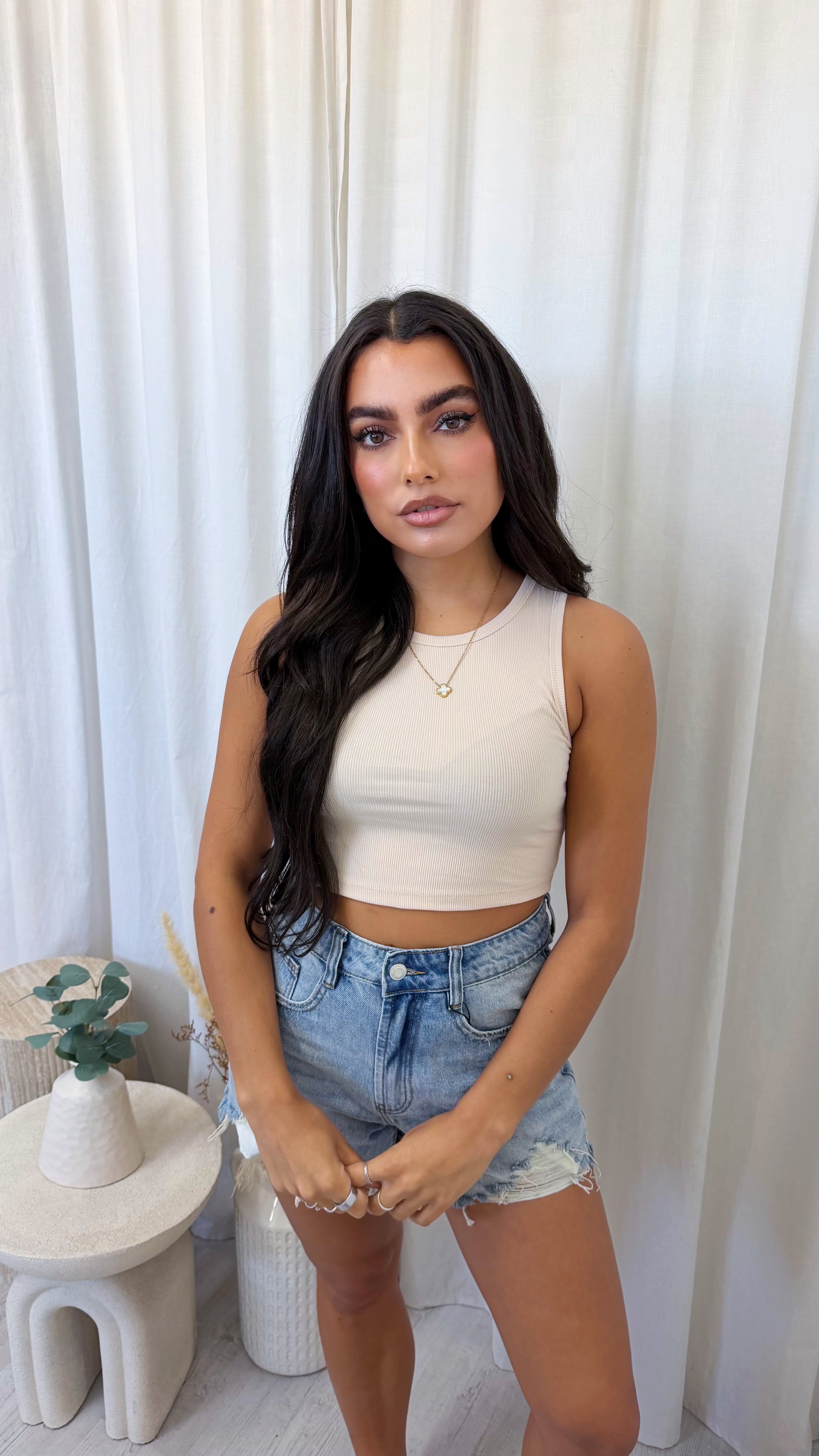 Ribbed Crop Vest Top - BEIGE