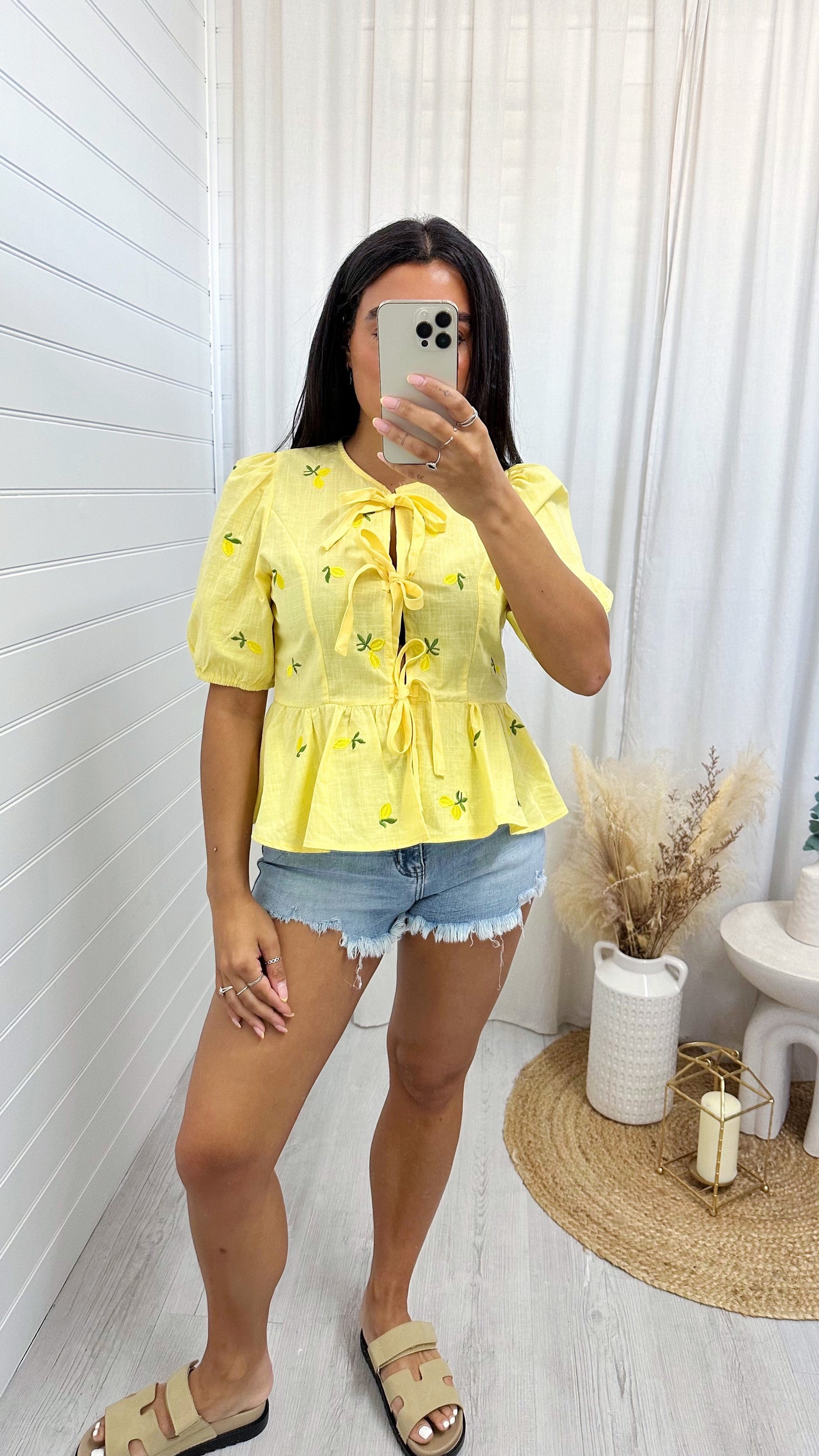 Lemon Embroidered Peplum Tie Front Top - LEMON