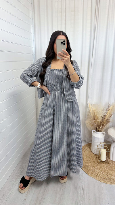 Pinstripe Linen Jacket and Dress Set - GREY