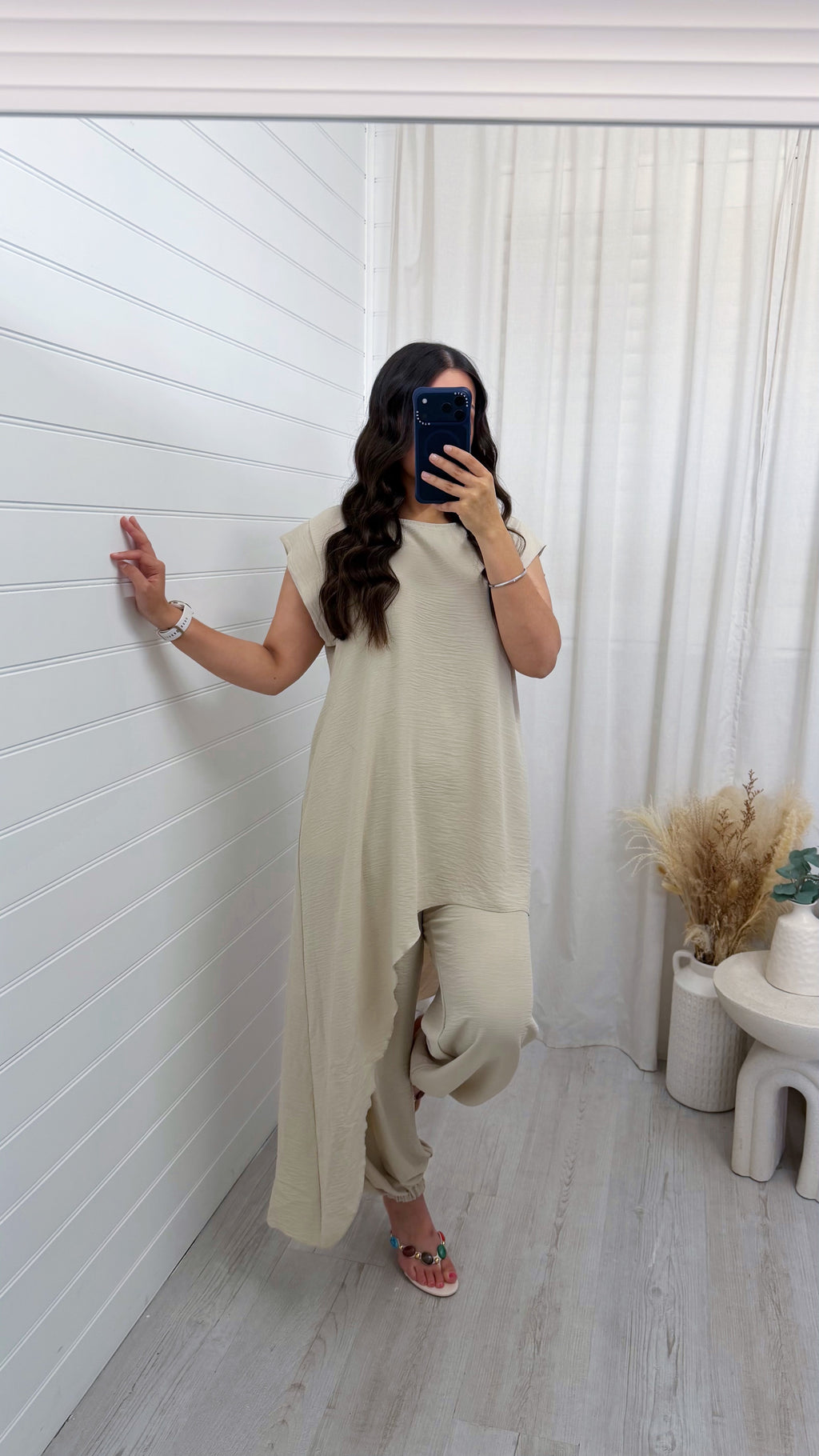 Draped Asymmetric Top and Cuff Trousers Co-Ord - BEIGE