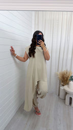 Draped Asymmetric Top and Cuff Trousers Co-Ord - BEIGE