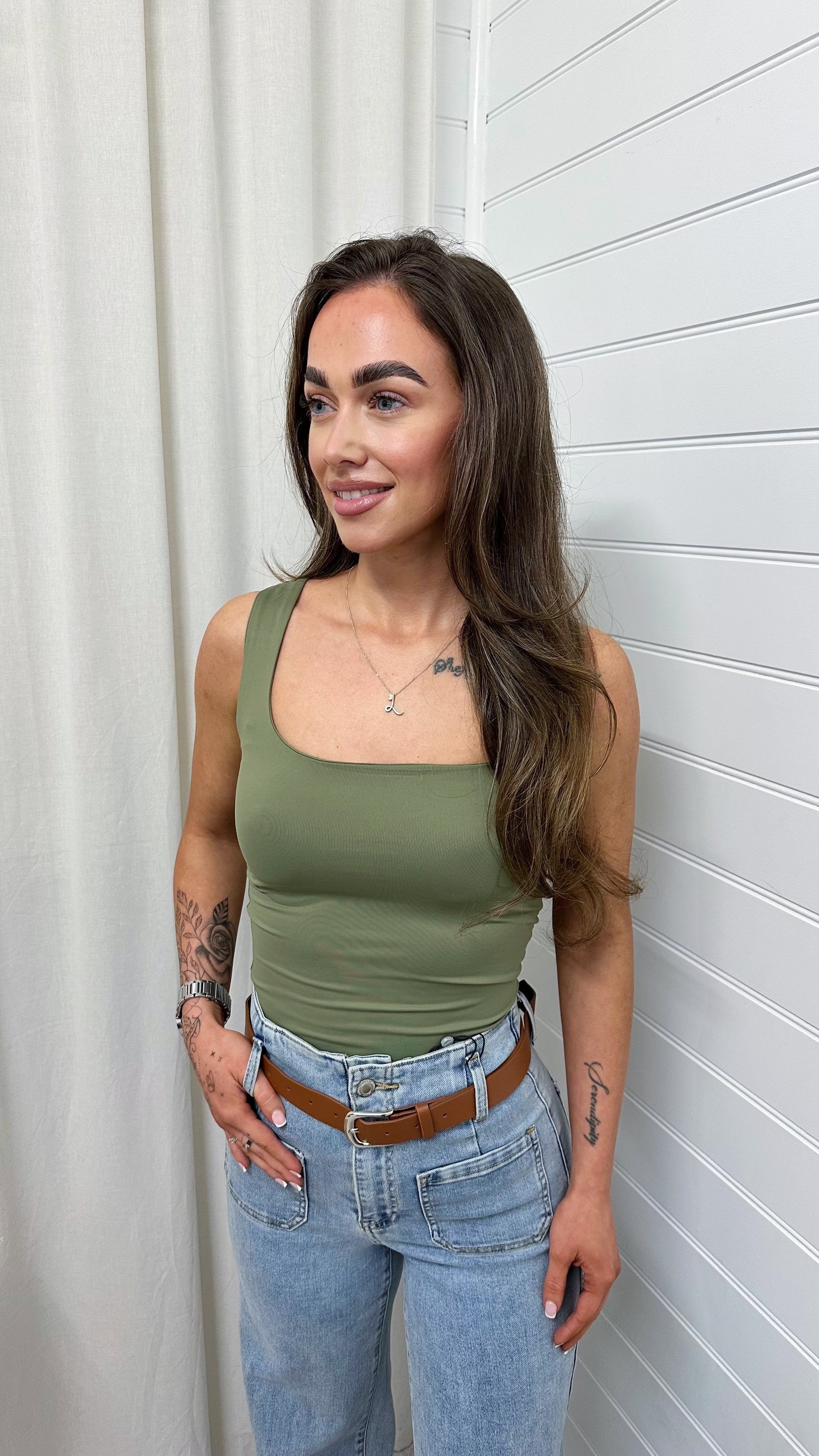 Basic Square Neck Vest Top - KHAKI