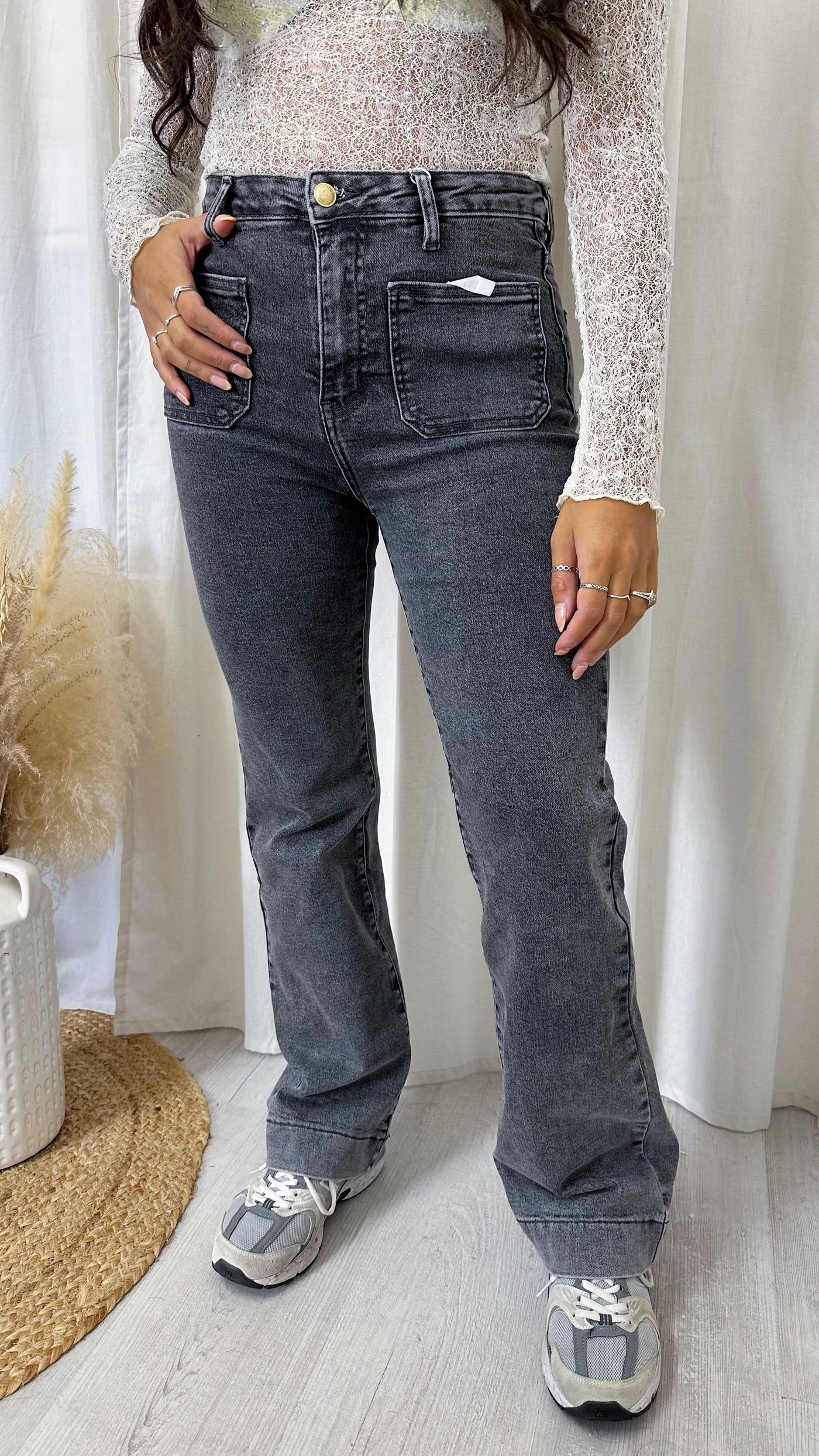 Front Pocket Boot Cut High Waisted Jeans - CHARCOAL GREY