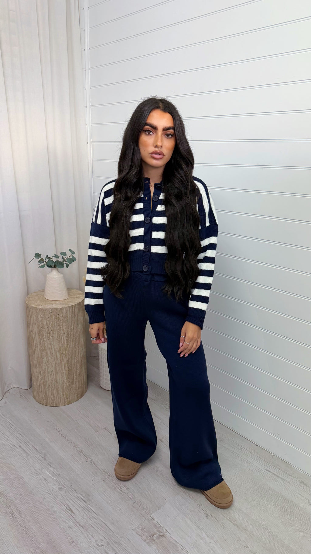 Stripe Knitted Cardigan and Trousers Co-Ord - NAVY