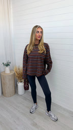 Relaxed Long Sleeve Stripe T-Shirt - BURGUNDY/SLATE