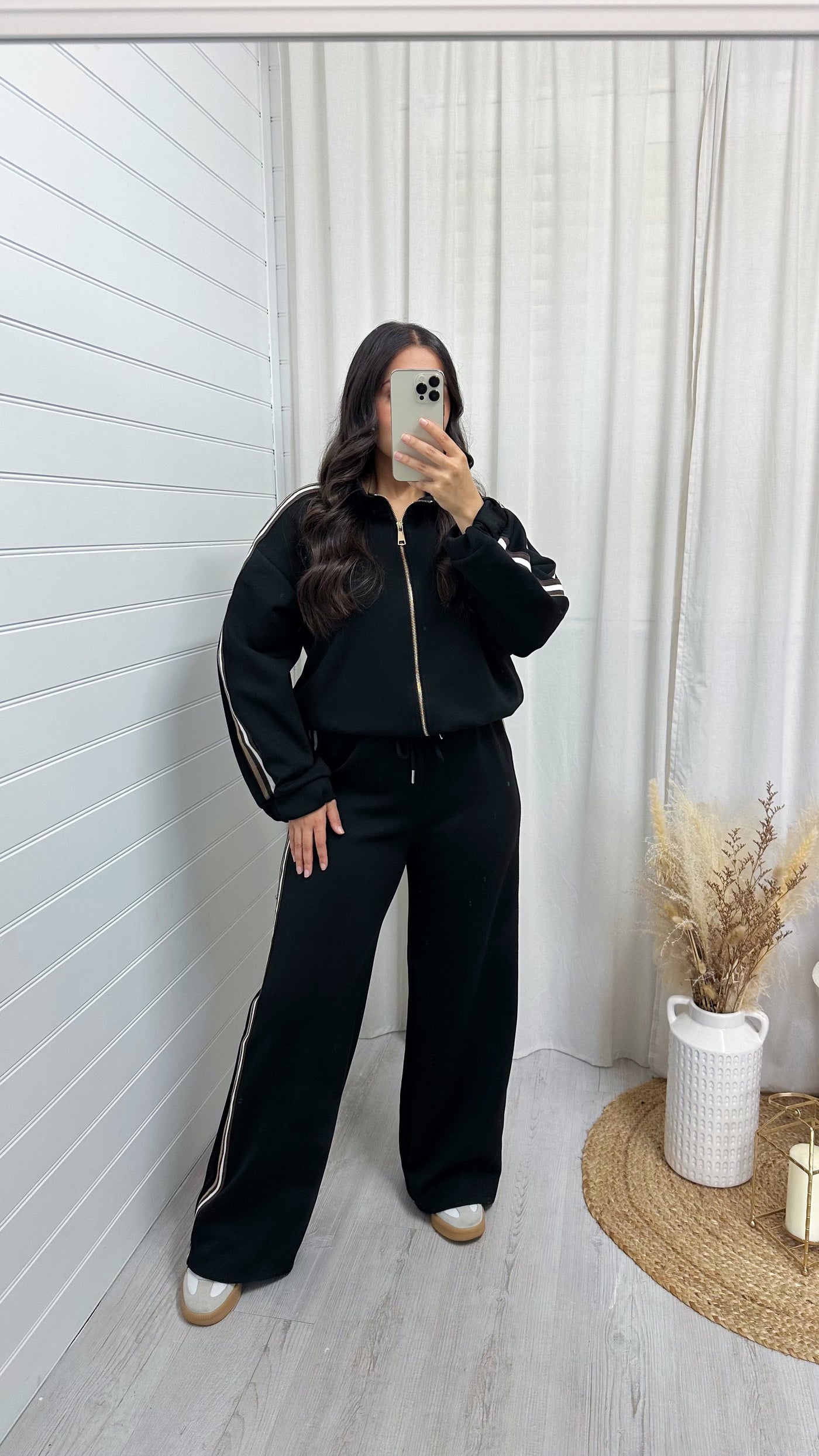 Side Stripe Bomber Jacket and Wide Leg Joggers Co-Ord - BLACK