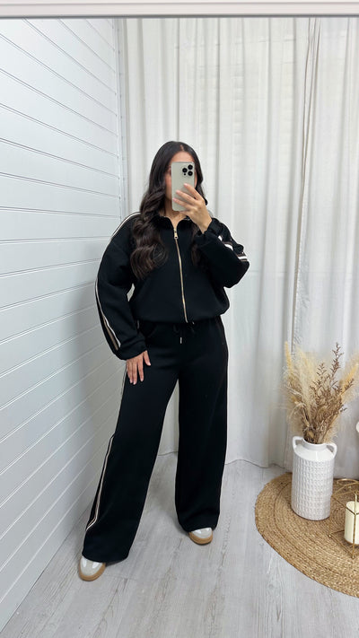 Side Stripe Bomber Jacket and Wide Leg Joggers Co-Ord - BLACK