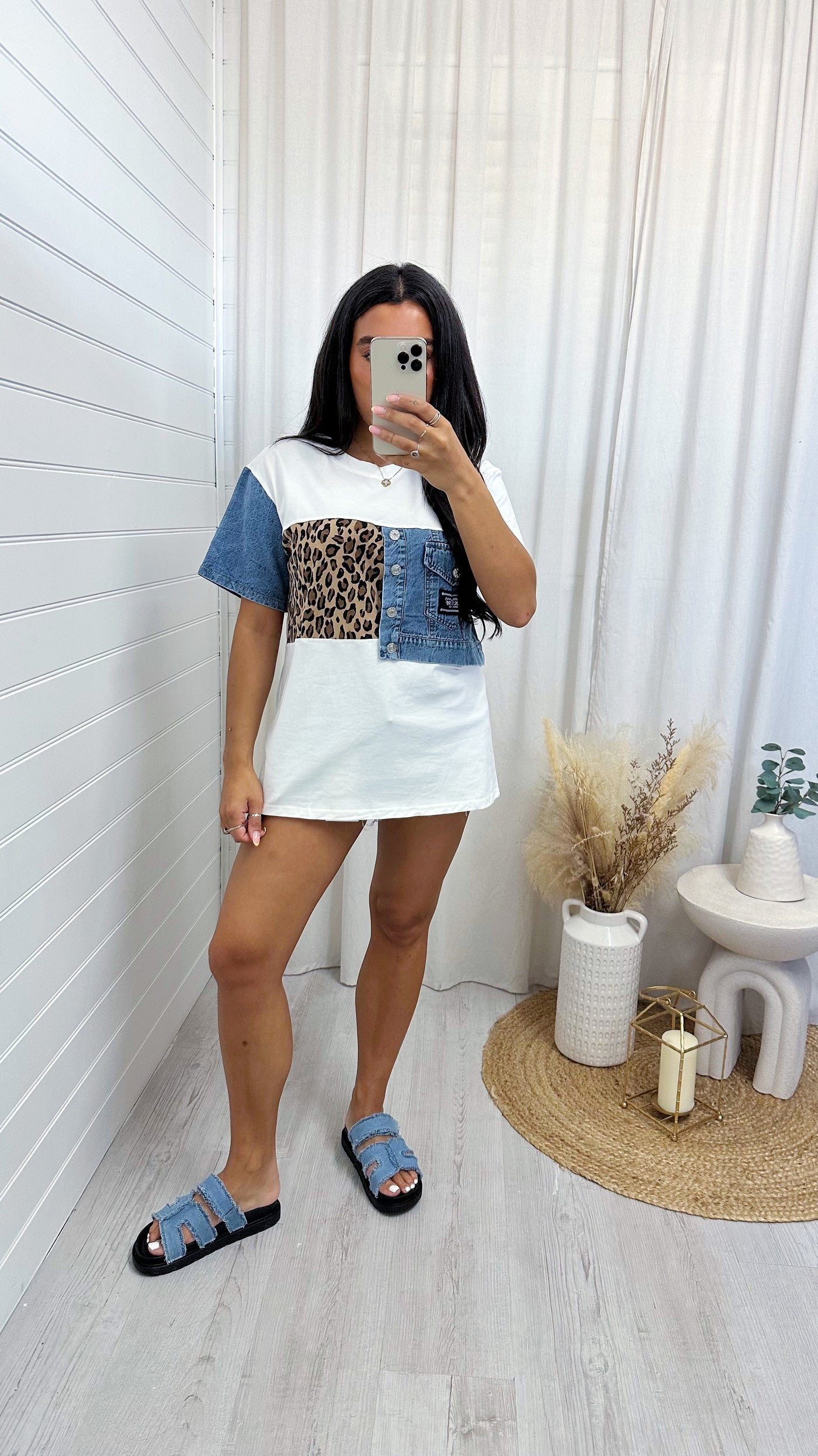 Oversized Leopard Print Denim Panel T-Shirt - WHITE