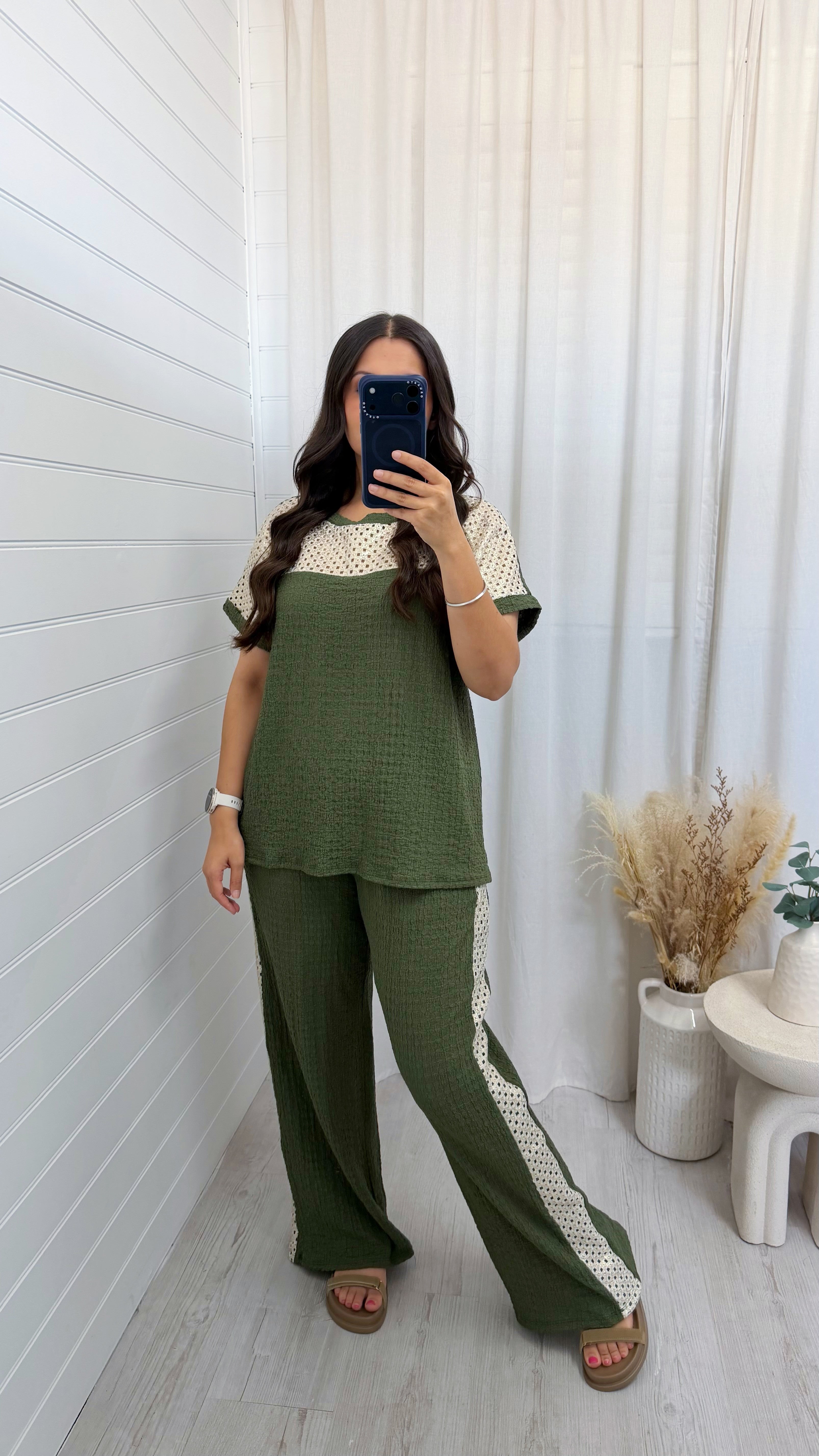 Metallic Mesh T-Shirt and Trouser Co-Ord - KHAKI