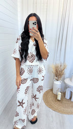 Seashell Print Crop Shirt and Trousers Co-Ord - WHITE