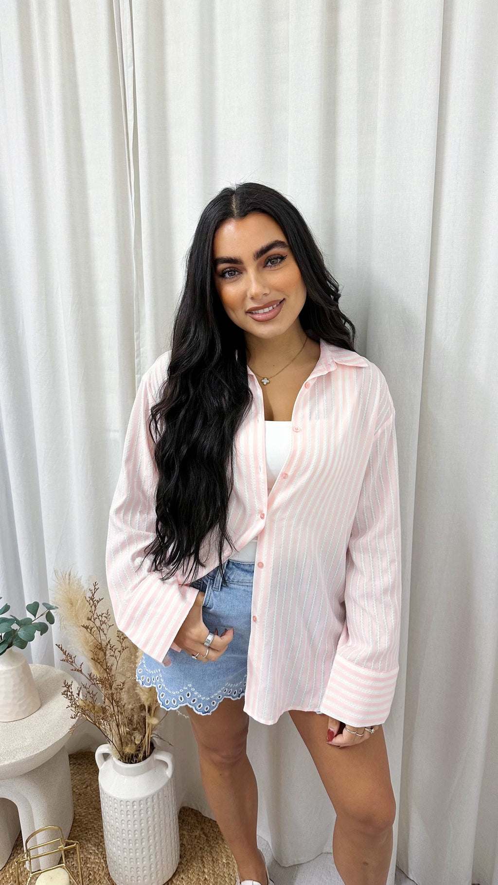 Pinstripe Oversized Cotton Shirt - PINK