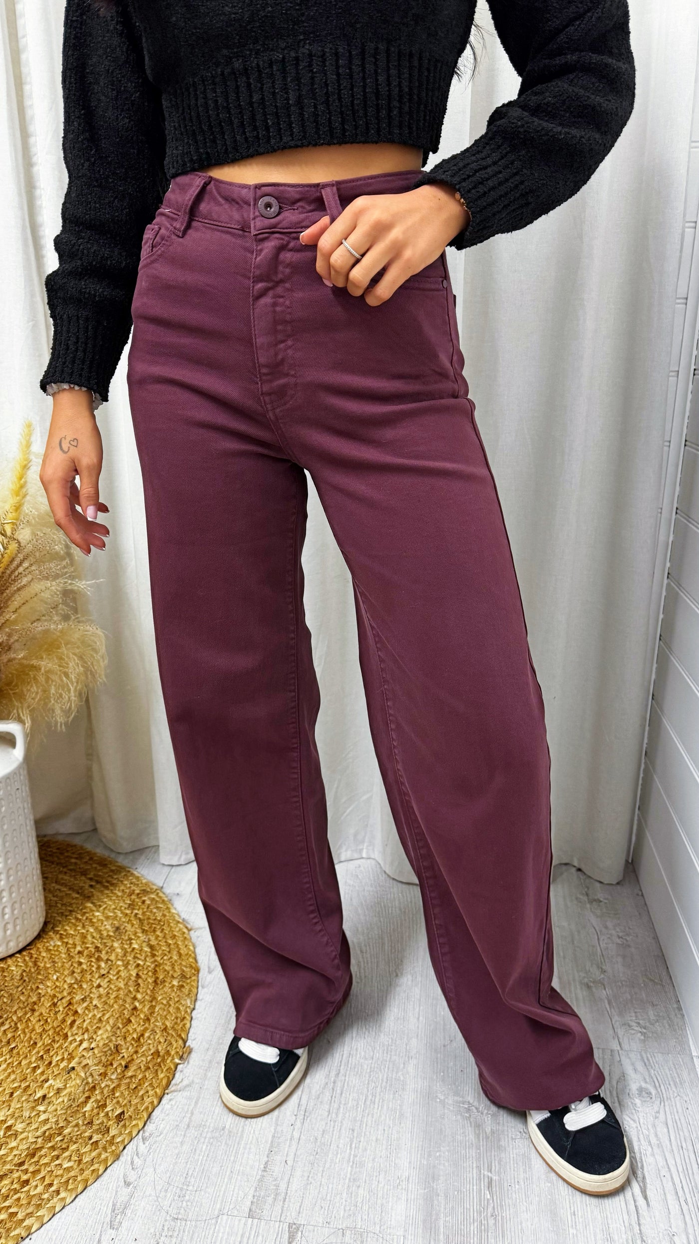 High Waisted Wide Leg Jeans - WINE