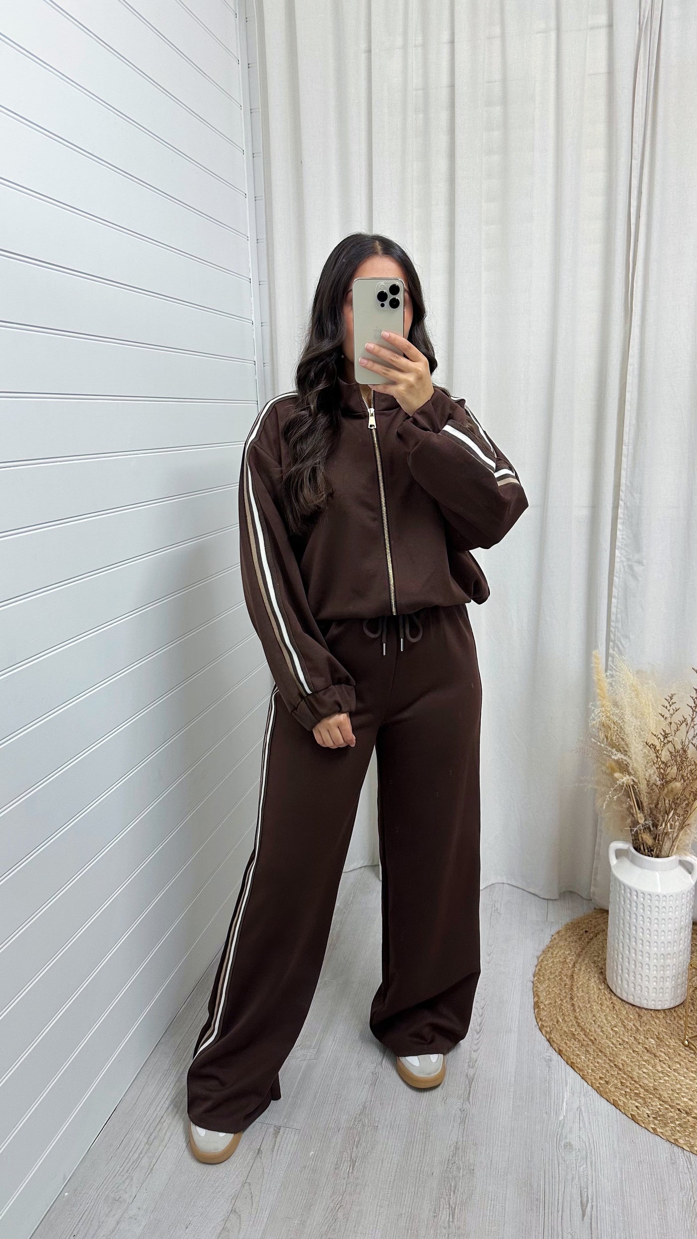 Side Stripe Bomber Jacket and Wide Leg Joggers Co-Ord - BROWN