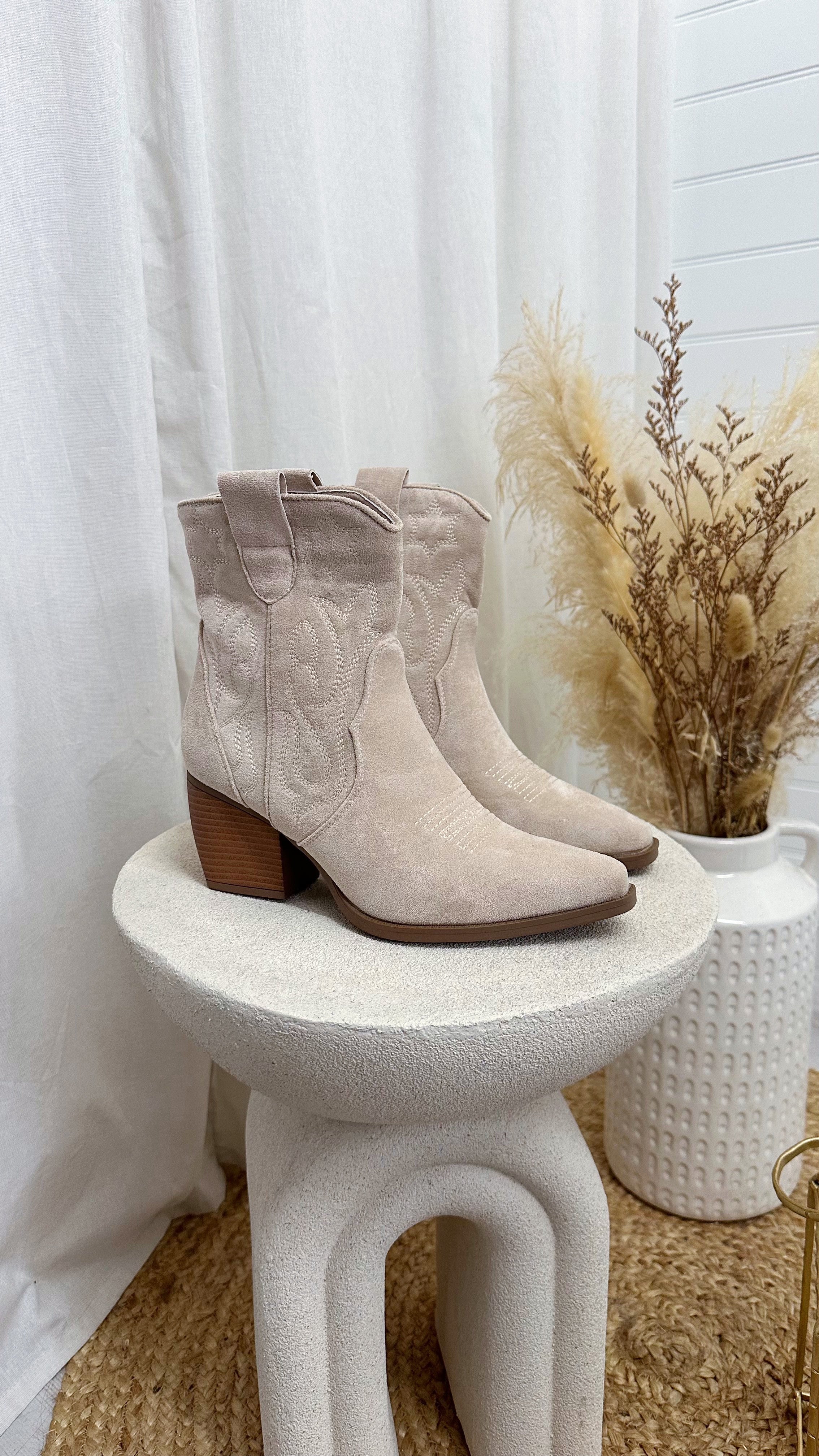 Embroidered Suede Ankle Length Cowboy Boots - BEIGE