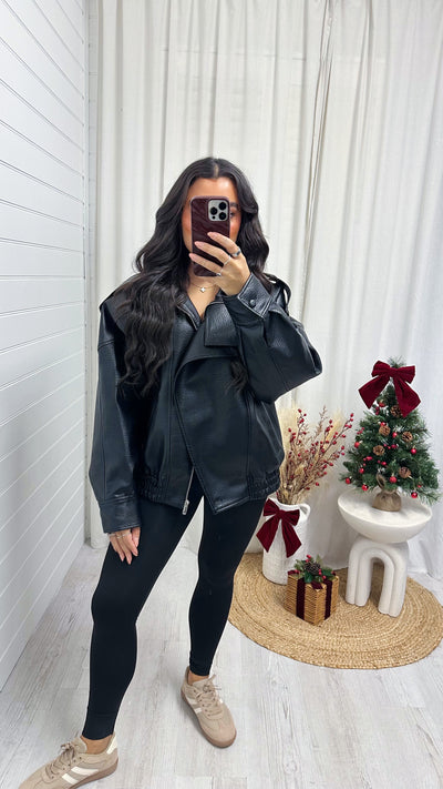 Relaxed Fit Lapel PU Leather Jacket - BLACK