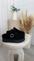 Suede Buckle Strap Platform Slippers - BLACK