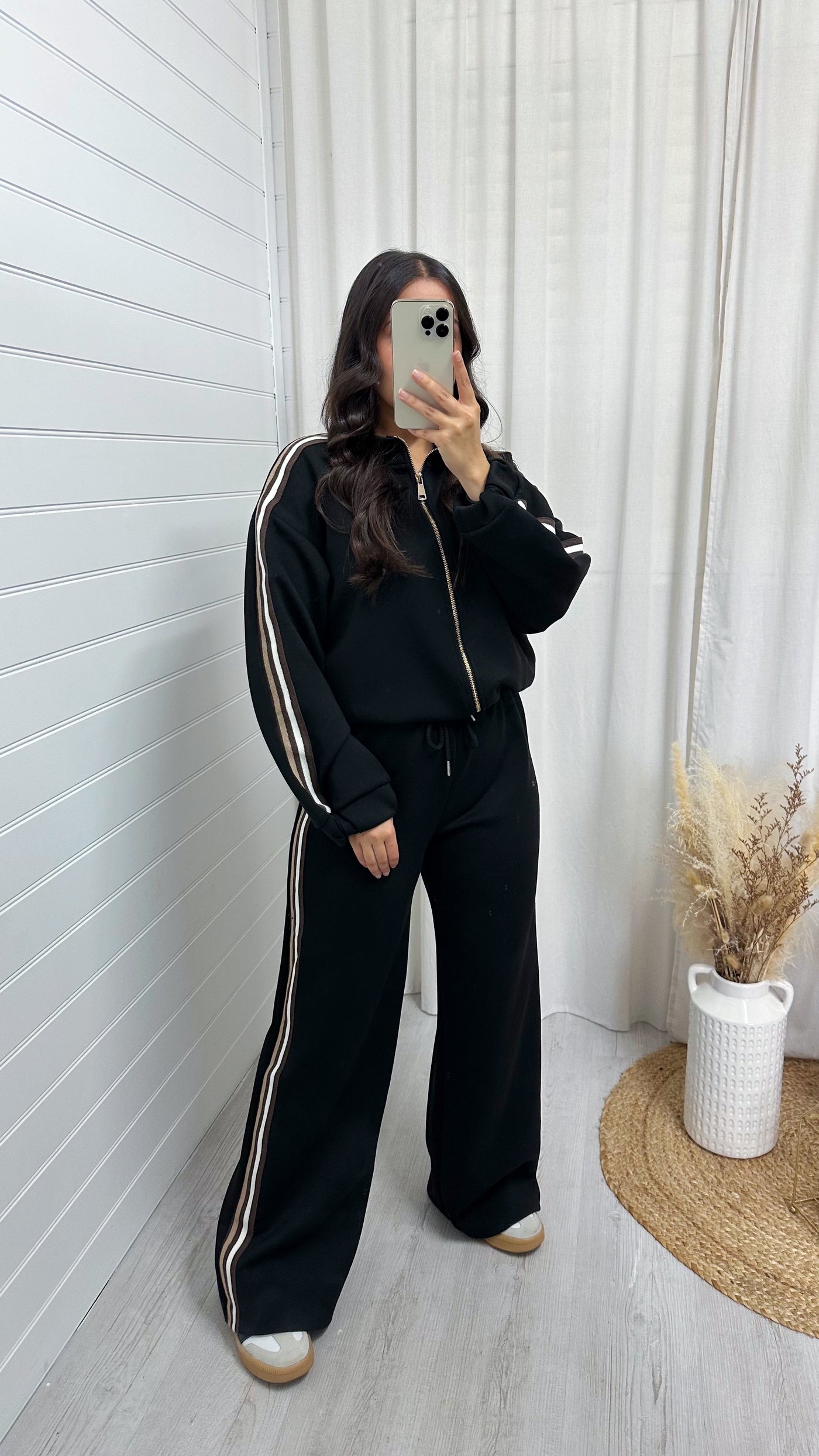 Side Stripe Bomber Jacket and Wide Leg Joggers Co-Ord - BLACK