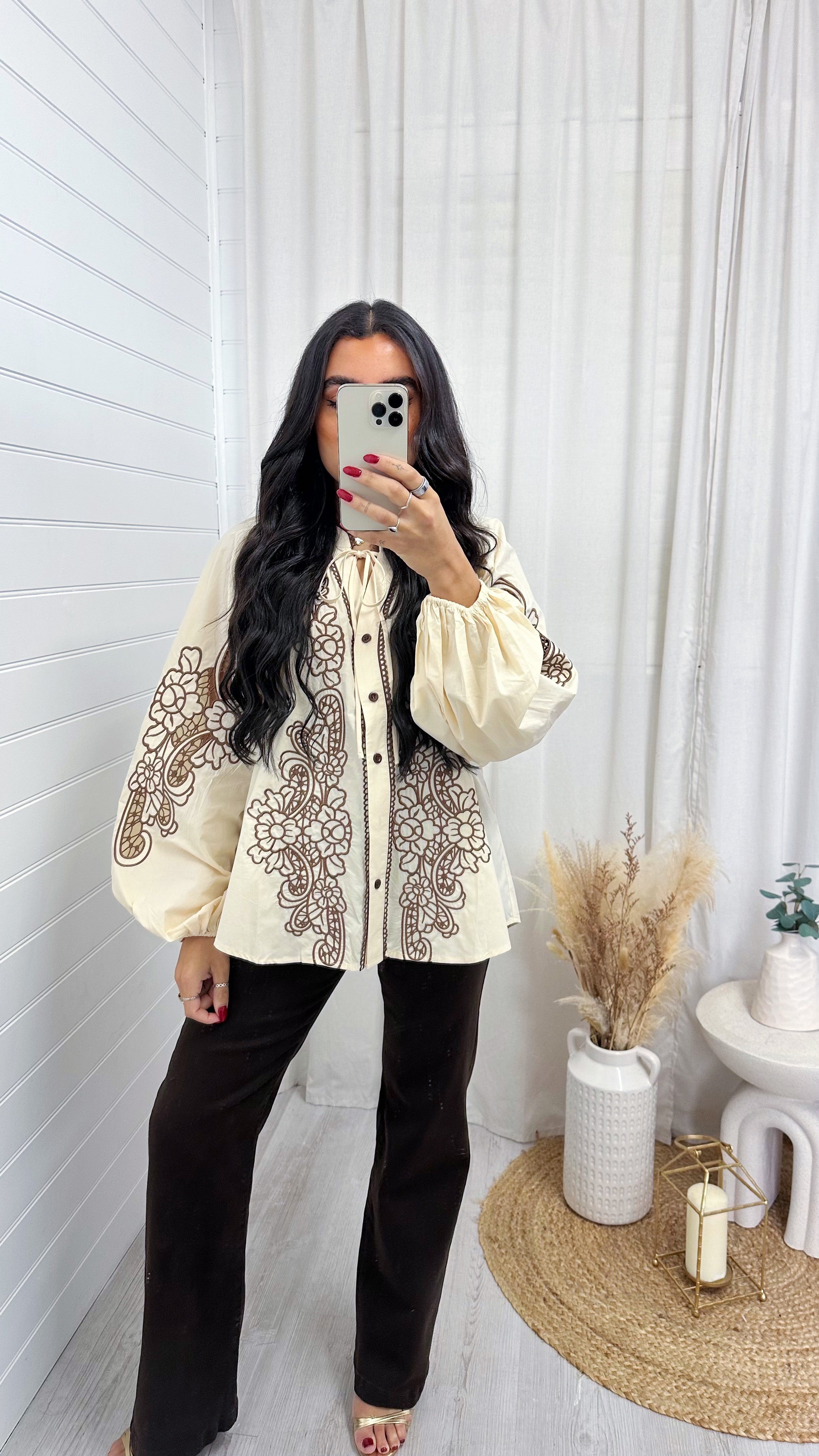 Paisley Embroidered Balloon Sleeve Shirt - BEIGE/BROWN